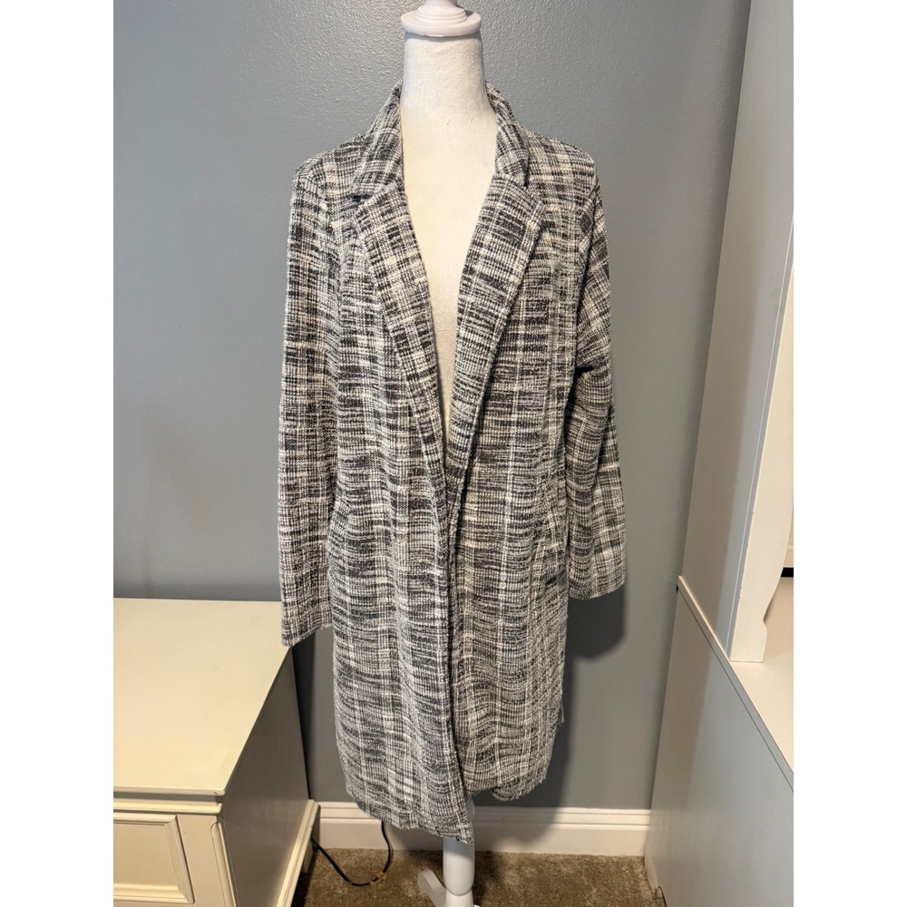 Melloday Womens Black White Tweed Knit Duster Cardigan Jacket Pockets Large